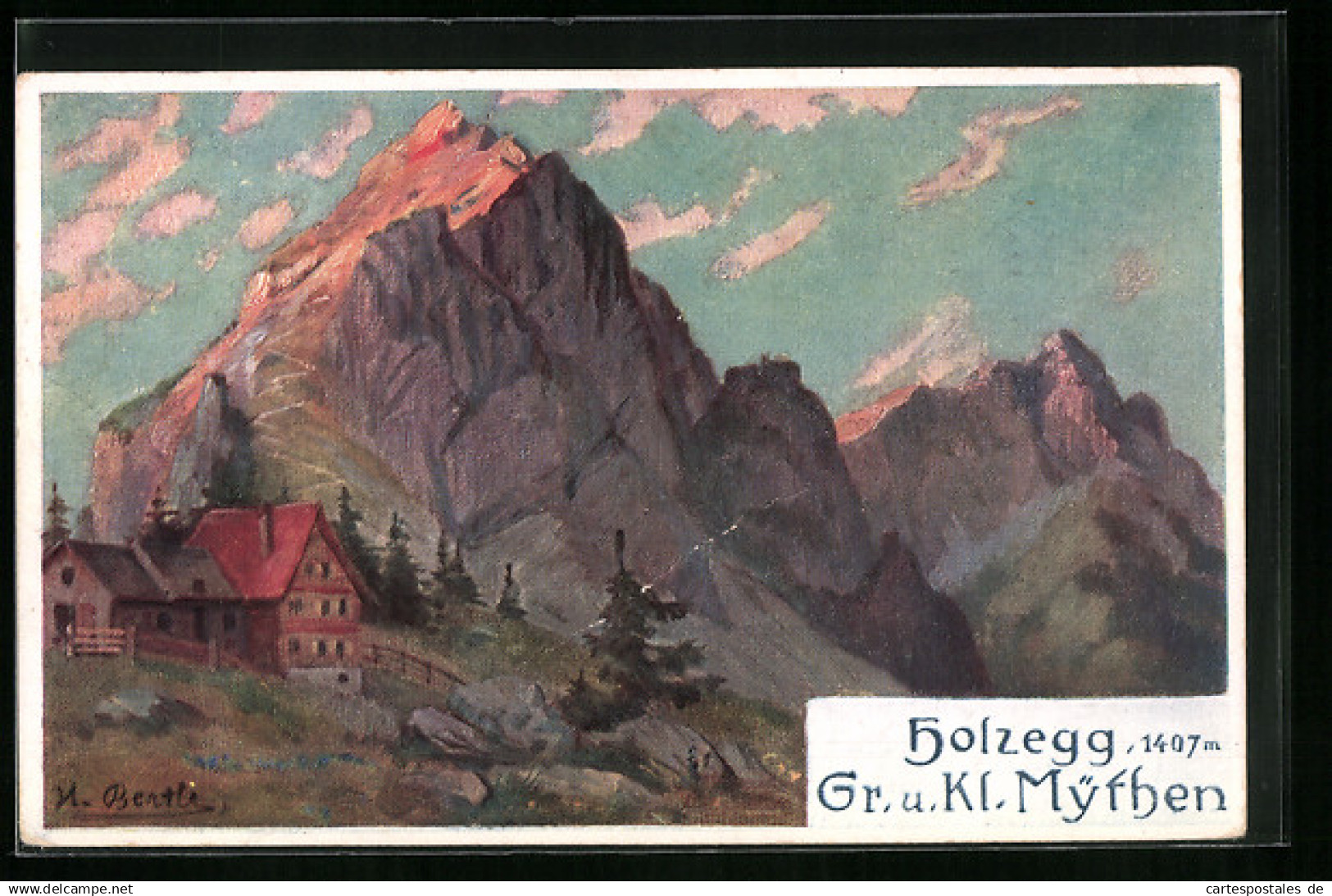 AK Brunni-Alpthal, Gasthof Holzegg, Gr. u. kl. Mythen