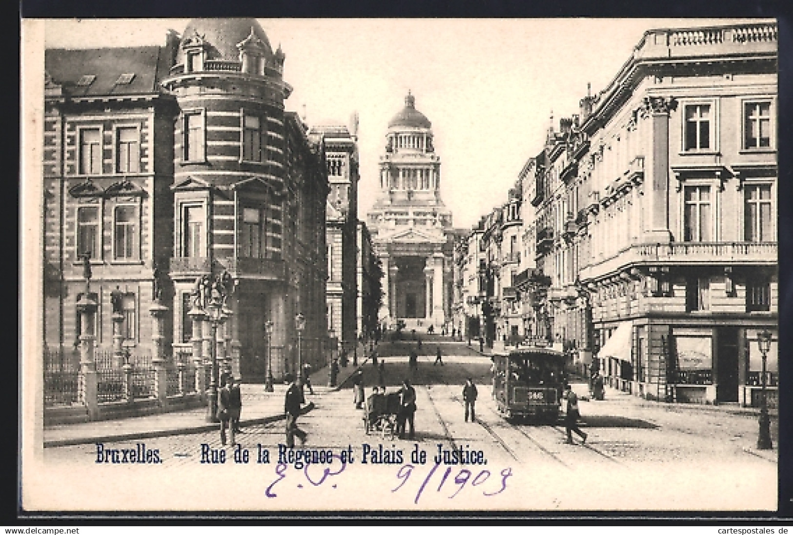 AK Bruxelles, Rue de la Régence et Palais de Justice, Strassenbahn