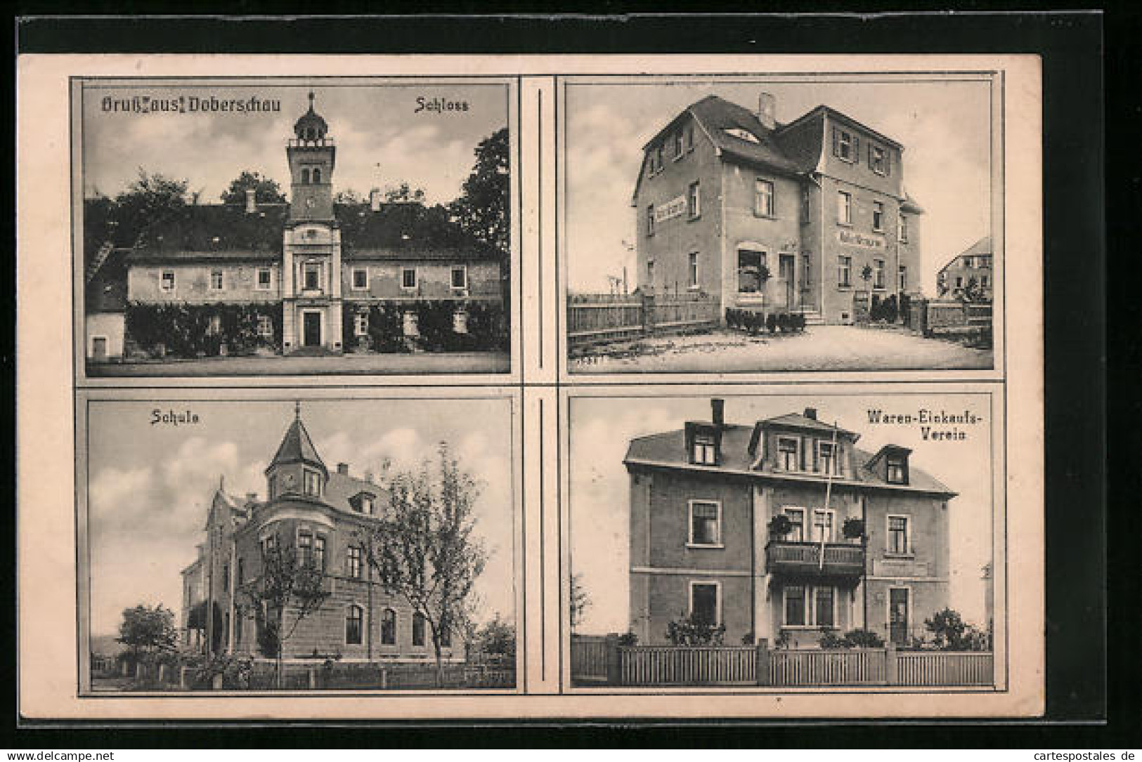 AK Doberschau, Cafe und Restaurant Zum Kronprinz, Schloss, Schule, Wareneinkaufsverein