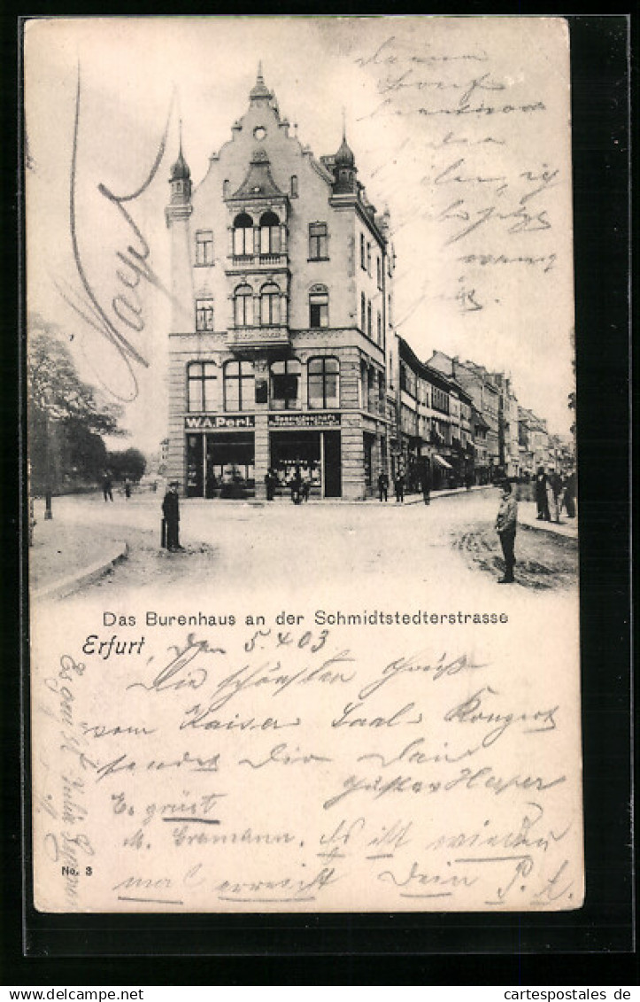 AK Erfurt, Das Burenhaus mit Spezialgeschäft von W. A. Perl an der Schmidtstedterstrasse