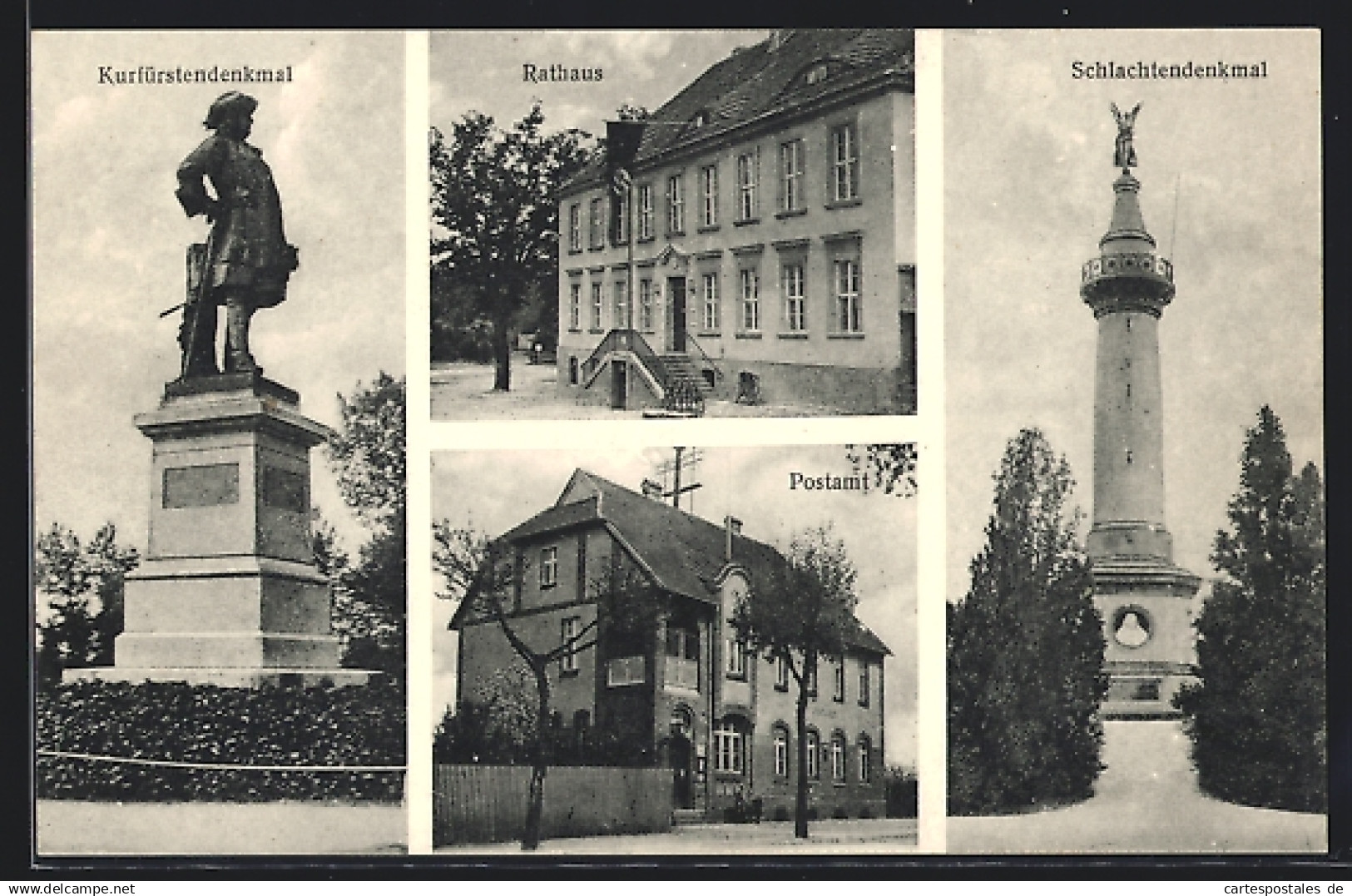 AK Fehrbellin, Rathaus, Postamt, Kurfürstendenkmal, Schlachtendenkmal