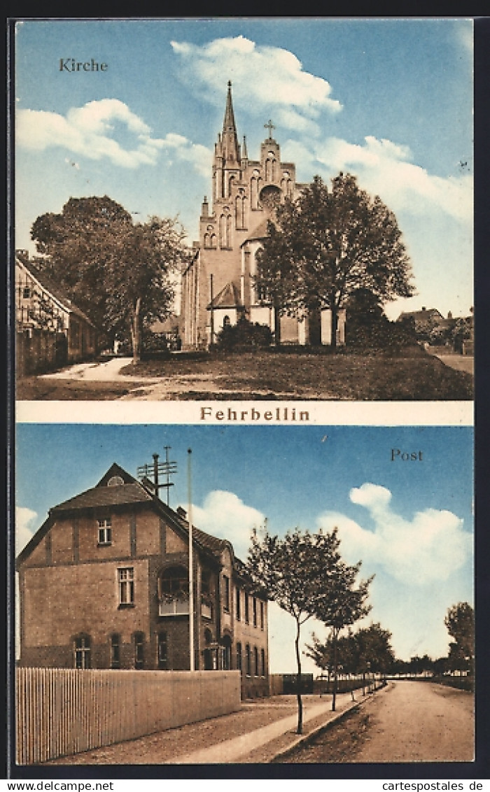 AK Fehrbellin, Strassenpartie an der Post, Blick zur Kirche