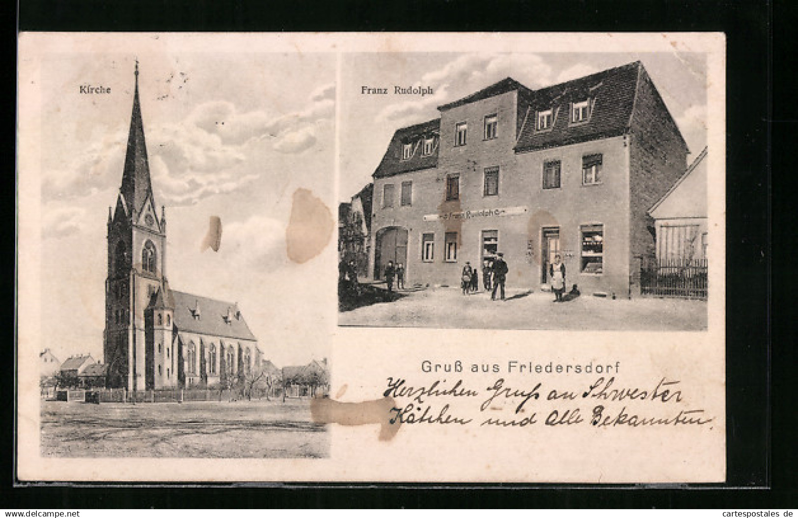 AK Friedersdorf, Kirche und Gasthaus Franz Rudolph