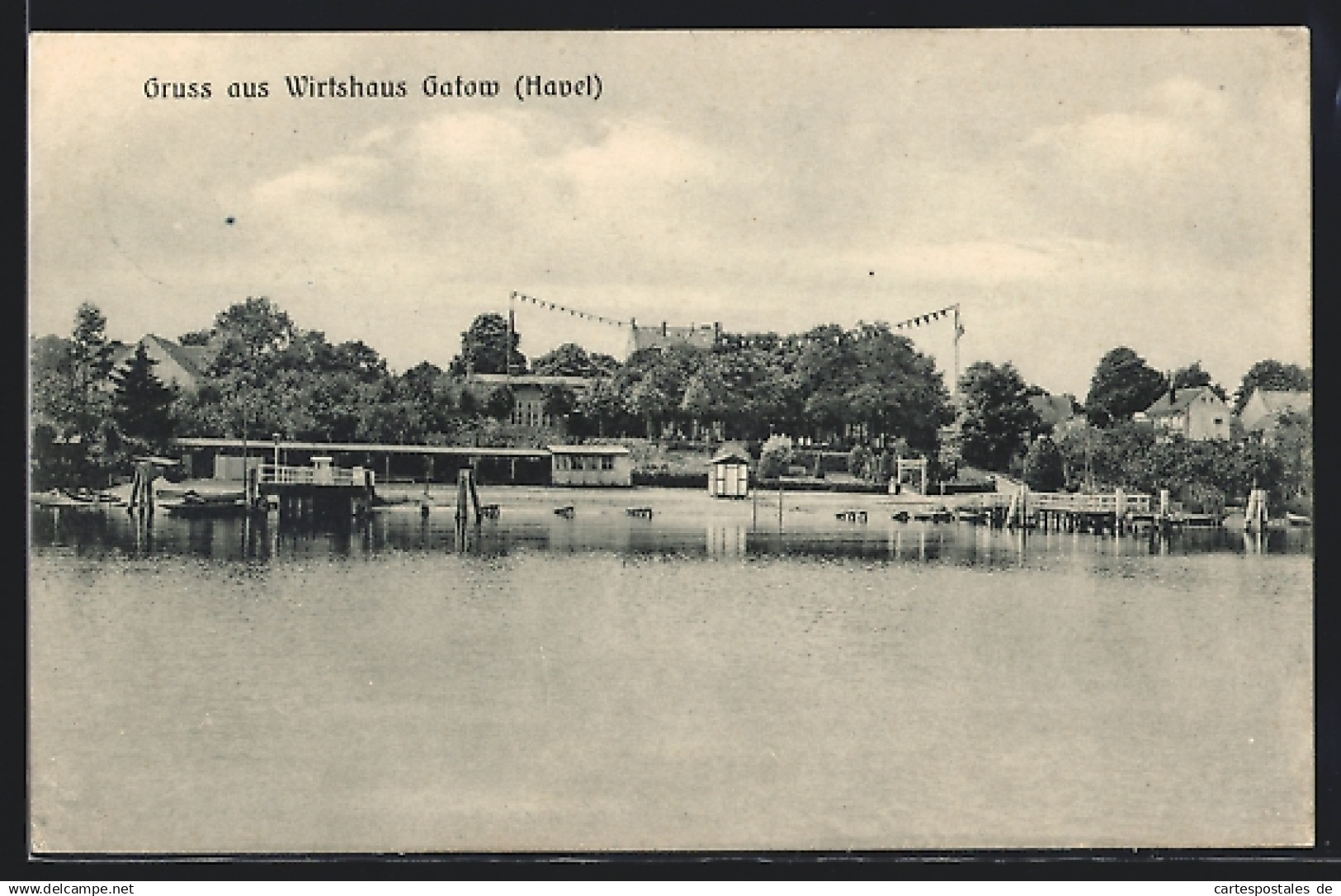 AK Gatow /Havel, Wasserpartie mit Wirtshaus, Inh. Paul Krause