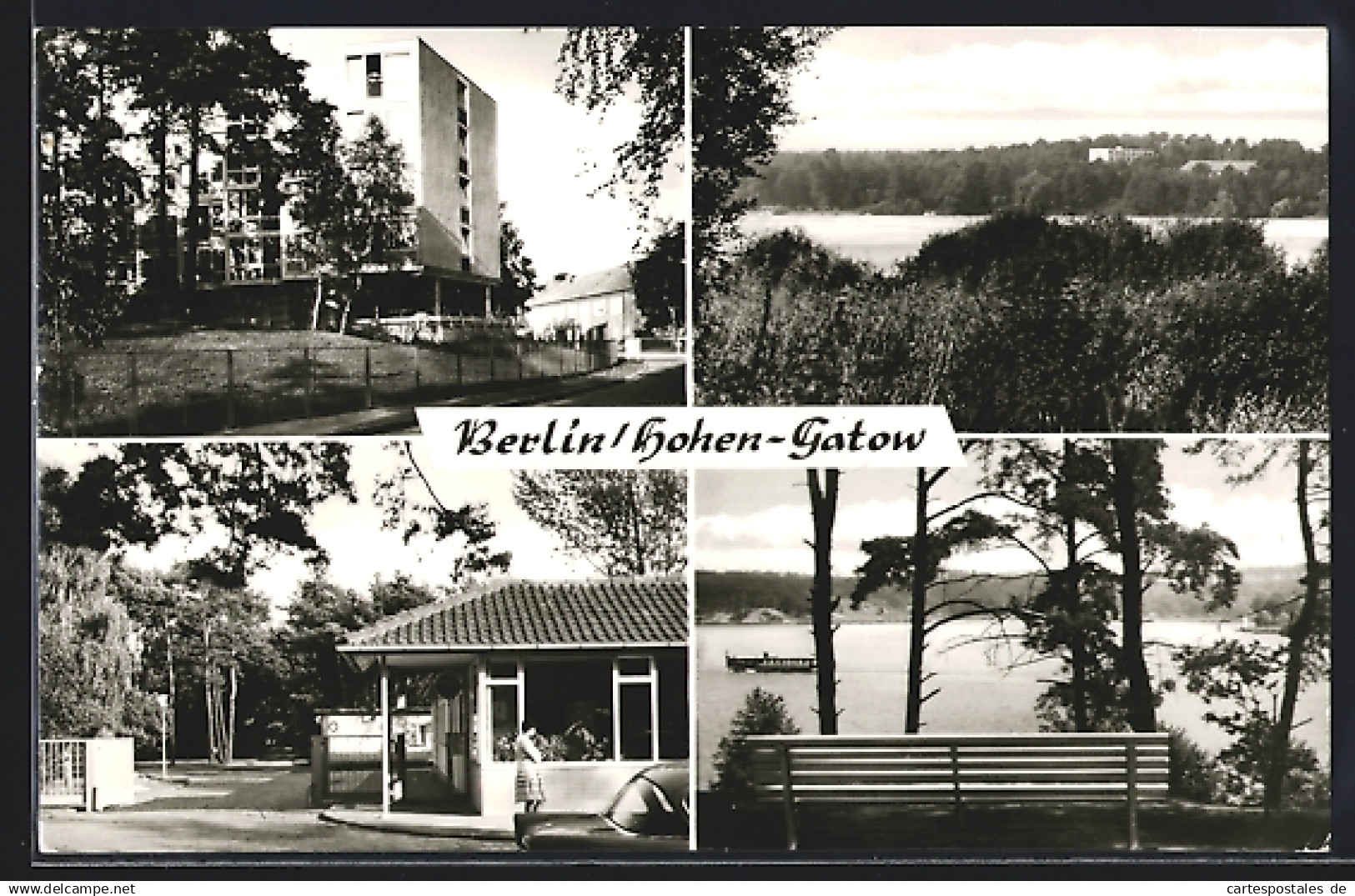 AK Hohen-Gatow /Berlin, Appartmenthaus, Bank mit Seeblick