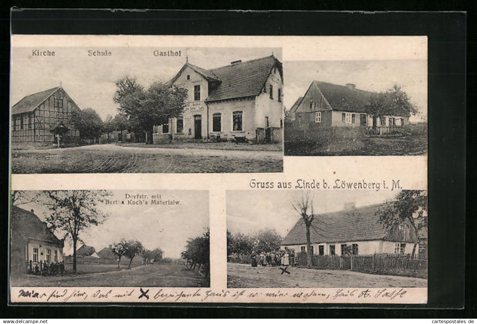 AK Linde b. Löwenberg i. M., Gasthof mit Schule & Kirche, Dorfstrasse & Bertha Koch`s Materialwarengeschäft, Ortspar