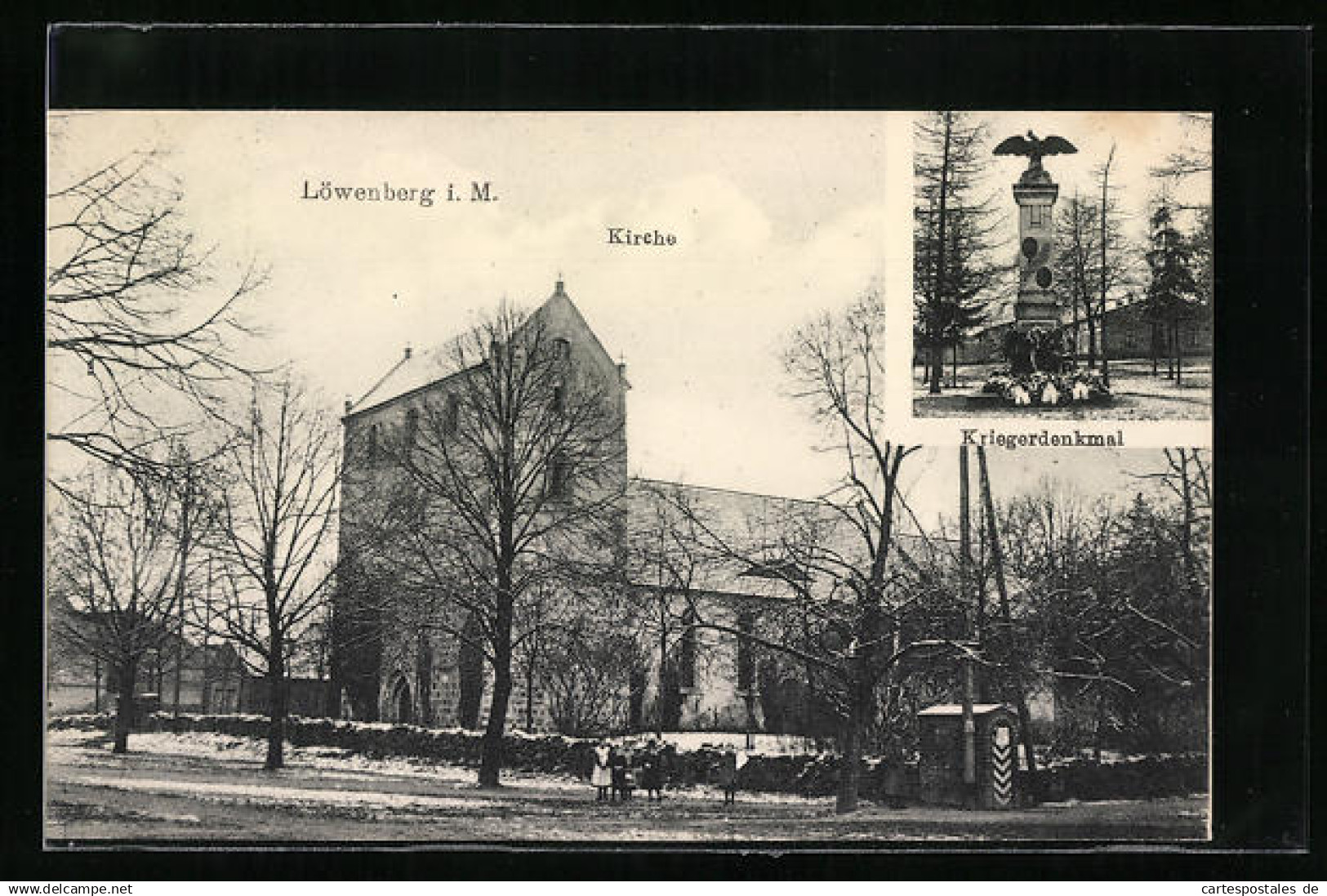 AK Löwenberg i. M., Kirche und Kriegerdenkmal