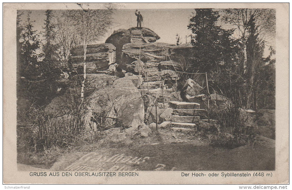 AK Oberlausitz Oberlausitzer Berge Hochstein Sybillenstein Felsen Inschrift Gasthaus bei Burkau Bischofswerda