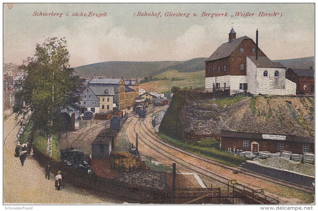 AK Schneeberg Erzgebirge Bahnhof Eisenbahn Zug Gleesberg Bergwerk Weisser Hirsch bei Schlema Zschorlau Aue Neustädtel