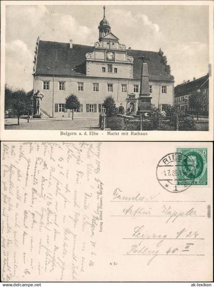 Ansichtskarte Belgern Markt, Kriegerdenkmal und Rathaus b Torgau Wurzen 1922