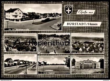 ÄLTERE POSTKARTE GRÜSSE AUS BÜRSTADT VFR STADION OBERSCHULTHEISS-SCHREMSER-STRASSE FREIBAD Ansichtskarte AK postcard cpa