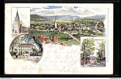 Lithographie Eislingen, Schloss, Kirche, Bahnhof-Strasse