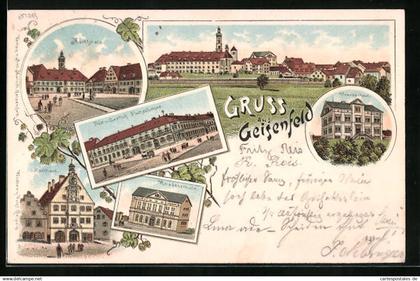 Lithographie Geisenfeld, Post und Gasthof Fuchsbüchler, Krankenhaus, Knabenschule