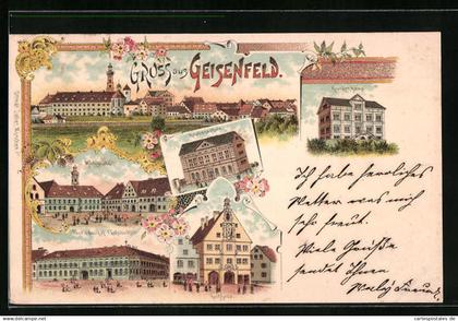 Lithographie Geisenfeld, Post und Gasthof Fuchsbüchler, Krankenhaus, Knabenschule, Rathaus