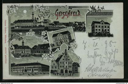 Mondschein-Lithographie Geisenfeld, Post und Gasthof Fuchsbüchler, Krankenhaus, Knabenschule