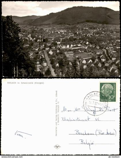 Haslach im Kinzigtal Panorama mit Schwarzwald   1957   gel  Stempel HASLACH