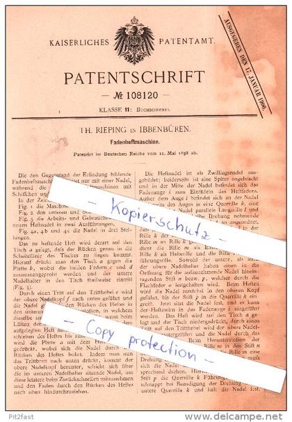 Original Patent - Th. Rieping in Ibbenbüren , 1898 , Fadenheftmaschine !!!