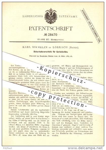 original Patent - Karl Birmelin Lörrach , 1884 , Sicherheitsverschluss für Gerüstketten , Bau !!!