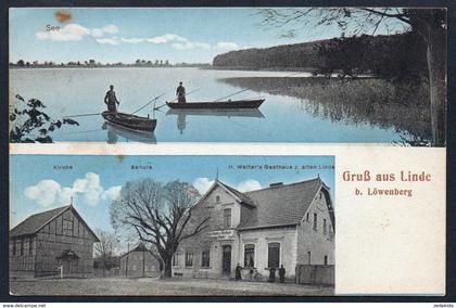 A4654 - alte Ansichtskarte - Gruß aus Linde bei Löwenberg - Gaststätte Gasthaus Schule - gel 1914 Schölske