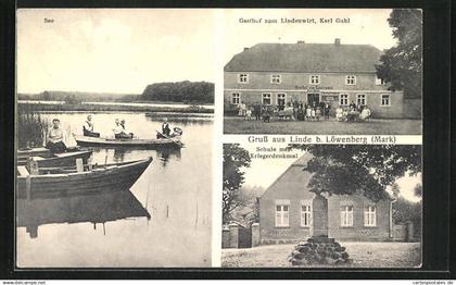 AK Linde bei Löwenberg, Gasthof zum Lindenwirt, Schule und Denkmal