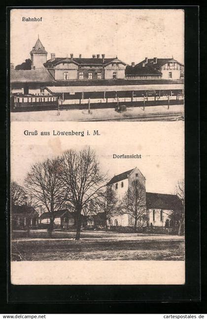 AK Löwenberg i. M., Bahnhof, Strassenpartie im Dorf