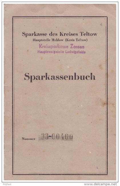 Sparbuch der Sparkasse Ludwigsfelde / Teltow , 1949-60 , Agnes Steging , geb. Günther , Zossen , Bank !!!