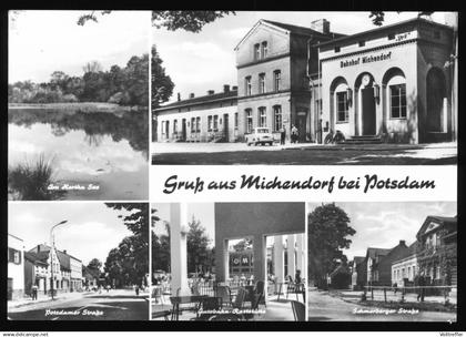 orig. Mehrbild Foto AK 70er Jahre Michendorf bei Potsdam, Hbf Bahnhof, Potsdamer Straße  Autobahn Raststätte