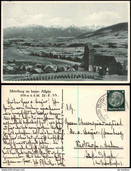 Ansichtskarte Mittelberg-Oy-Mittelberg Kirche und Stadt - Bergkette 1933