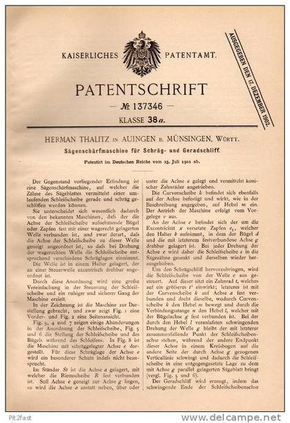 Original Patentschrift - H. Thalitz in Auingen b. Münsingen , 1901 , Sägenschärfmaschine , Säge , Sägeblatt , Tischlerei