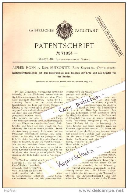 Original Patent - A. Horn in Domäne Rutkowitz b. Koschlau / Koszelewy , 1893 , Kartoffel-Erntemaschine , Rybno / Rübenau