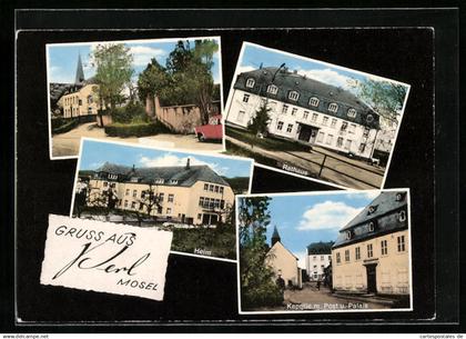 AK Perl /Mosel, Heim, Rathaus, Kapelle mit Post u. Palais