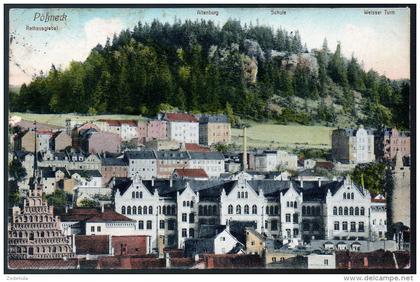 1765 - ohne Porto - alte Ansichtskarte - Pößneck Pössneck Rathaus Schule Turm - gel 1916