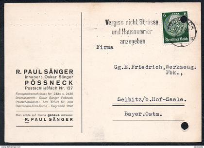 A6234 - alte Postkarte - Bedarfspost - Pössneck - Paul Sänger nach Selbitz 1940