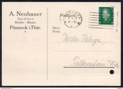 A6236 - alte Postkarte - Bedarfspost - Pössneck - Pößneck - A. Neubauer Gardinen nach Falkenstein 1929