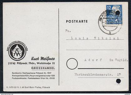 A6239 - alte Postkarte - Bedarfspost - Pössneck - Pößneck - Kurt Meißner Grosshandlung nach Adorf 1949