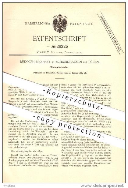 original Patent - Rudolph Meffert in Schneidhausen bei Kreuzau , 1884 , Walzentischheber , Metallbau , Düren !!!