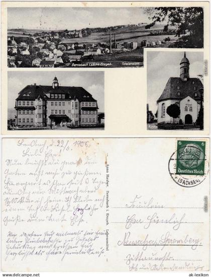 Ansichtskarte Lauter-Bernsbach 3 Bild: Schule, Kirche und Totale 1934