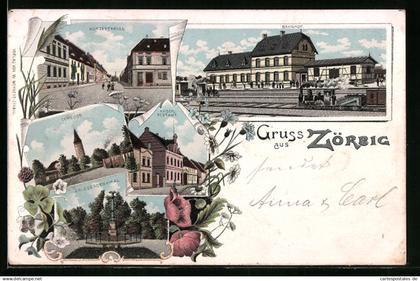 Lithographie Zörbig, Kurzestrasse, Bahnhof, Schloss, Kaiserl. Postamt und Kriegerdenkmal