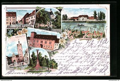 Lithographie Zörbig, Lange-Strasse, Kirche, Dorotheenhof, Hallesches Tor und Rathaus