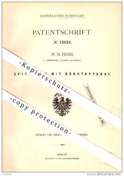 Original Patent - H.M. Hesse in Lehndorf b. Nobitz , 1880 , Bürstapparat für Mühle , Windmühle , Sachsen-Altenburg  !!