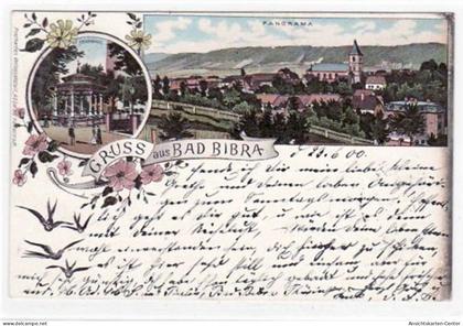39013021 - Lithographie Gruss aus Bad Bibra mit Panorama und Brunnenhalle gelaufen von 1900. Oxydationsspuren rechter R