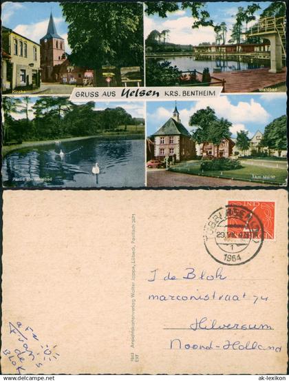 Ansichtskarte Uelsen 4 Bild: Straße, Kirche, Waldbad, Markt 1964