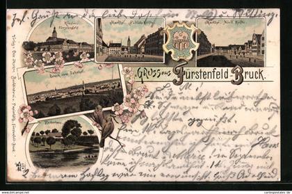 Lithographie Fürstenfeld-Bruck, Weiherhaus, Kloster Fürstenfeld, Marktplatz Südliche Hälfte