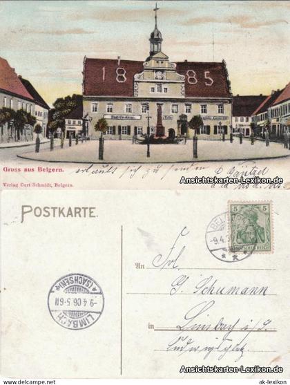 Belgern Marktplatz mit Sparkasse, Rathaus und Kriegerdenkmal 1906