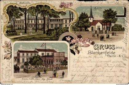 Lithographie Berlin Pankow Blankenfelde, Heimstätte, Kirche, Gasthof