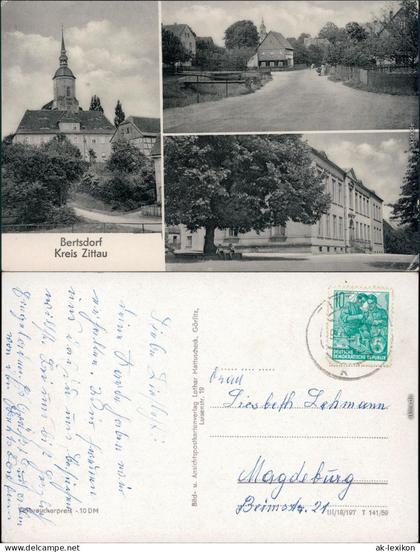 Ansichtskarte Bertsdorf-Hörnitz Kirche, Schule, Straßenansicht 1959