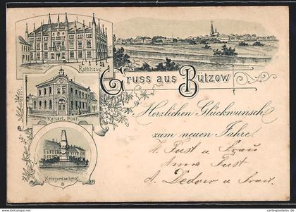 Vorläufer-Lithographie Bützow, 1889, Rathaus, Kaiserl. Post, Kriegerdenkmal, Ortsansicht