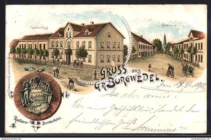 Lithographie Gross-Burgwedel, Gasthaus Rust, Wappen Radfahrer-Bundeshotel, Hauptstrasse