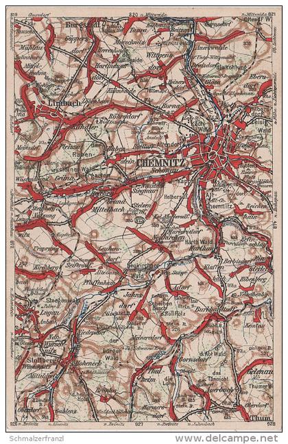 Litho AK Kartographische Wona Karte Blatt 873 Chemnitz Limbach Burgstädt Stollberg Thalheim Thum Einsiedel Neukirchen