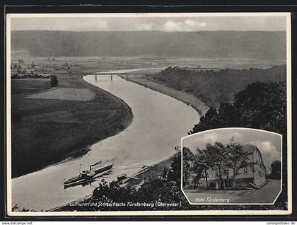 AK Fürstenberg /Oberweser, Hotel Fürstenberg, Panoramablick entlang des mäandernden Flusses